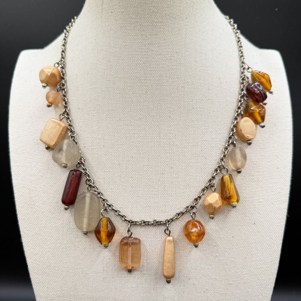Amber Gold & Silver Tone Mixed Bead Dangle Necklace Burgundy Boho Vintage Charm